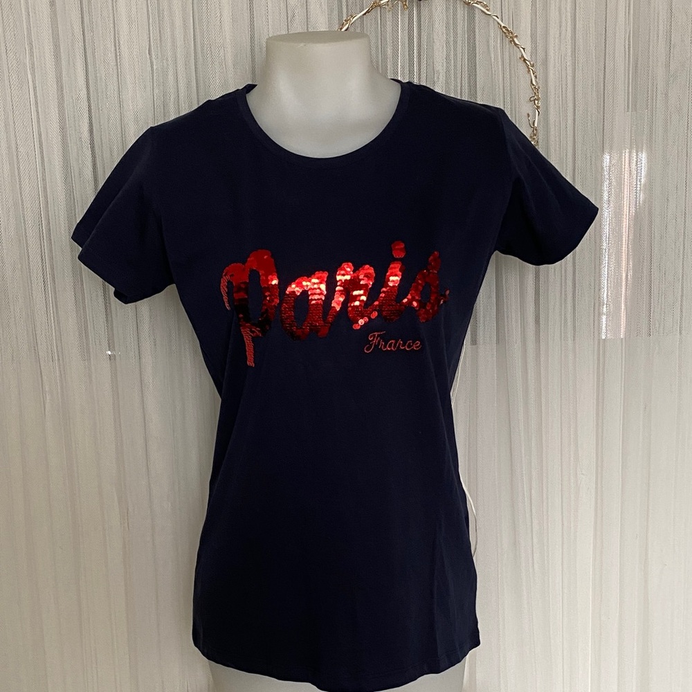 NEW!!!Navy Blue Sequin Paris Tee Size M